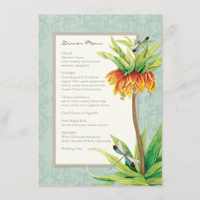 Elegant Fritillaria n Dragonfly Formal Dinner Menu (Front)