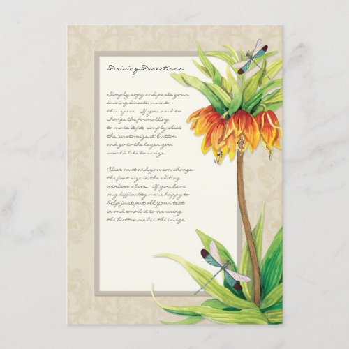 Elegant Fritillaria n Dragonfly Information Sheet Enclosure Card