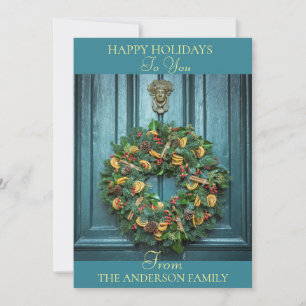 Elegant Front Door And Wreath Family Holiday Card