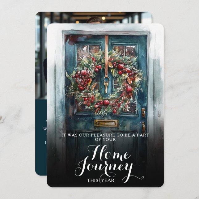 Elegant Front Door Realtor Logo Photo Christmas Holiday Card (Front/Back)