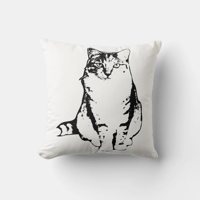 Elegant Front‑Facing Tabby Cat Ink Art Pillow (Front)