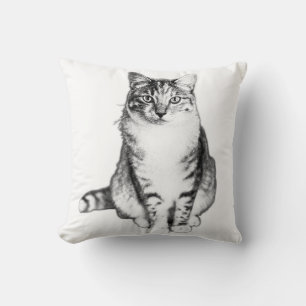 Elegant Front‑Facing Tabby Cat Ink Art Pillow