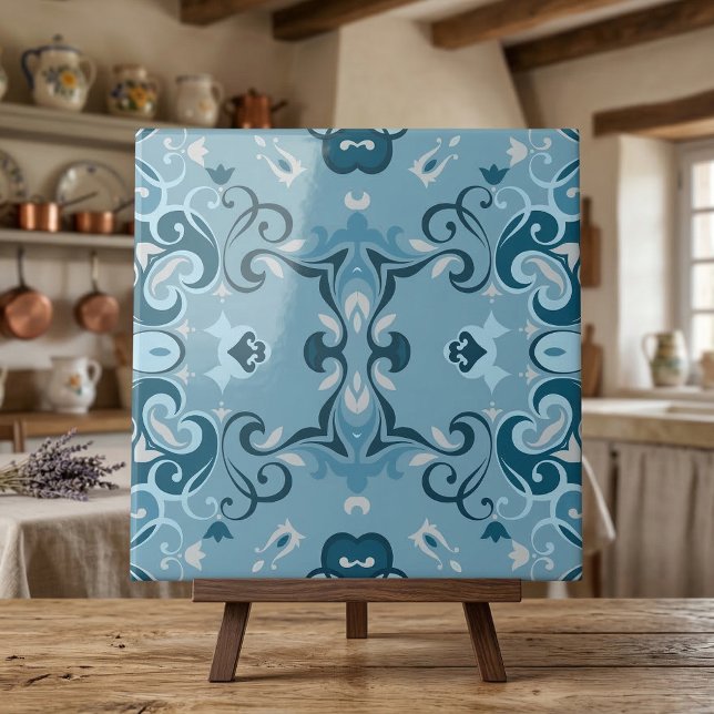 Elegant Frosty Blue Damask Floral Mosaic Pattern Ceramic Tile (Creator Uploaded)