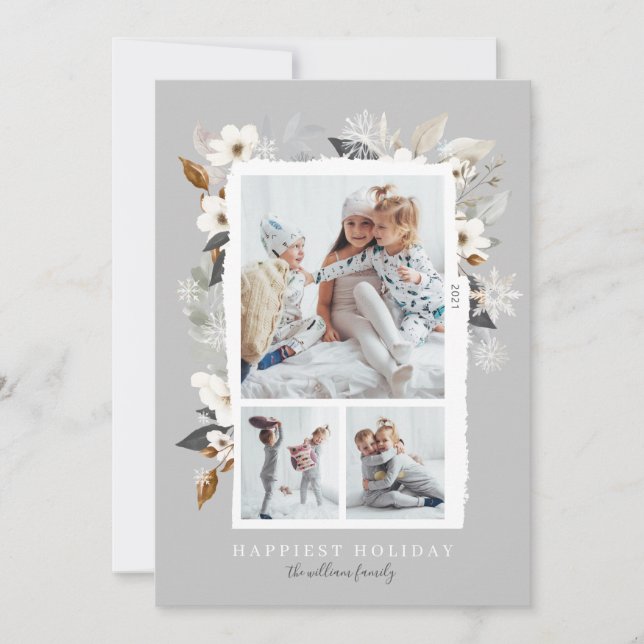 Elegant Frosty Grey Winter Snowflakes & Florals Holiday Card (Front)