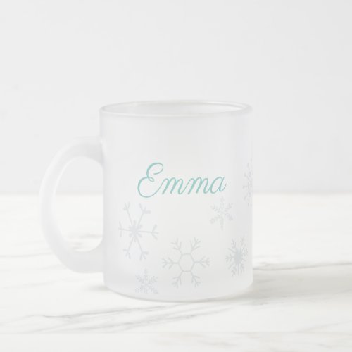 Elegant frozen winter Snowflakes with custom Name Frosted Glass Coffee Mug