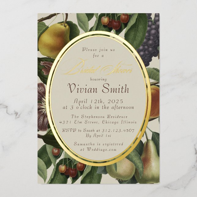 Elegant Fruit & Botanical Bridal Shower Invitation Foil Invitation (Front)