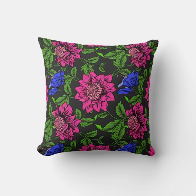 Elegant Fuchsia And Blue Flower Black Background Throw Pillow (Front)