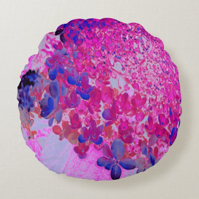 Elegant Fuchsia and Dark Blue Limelight Hydrangea Round Pillow (Front)