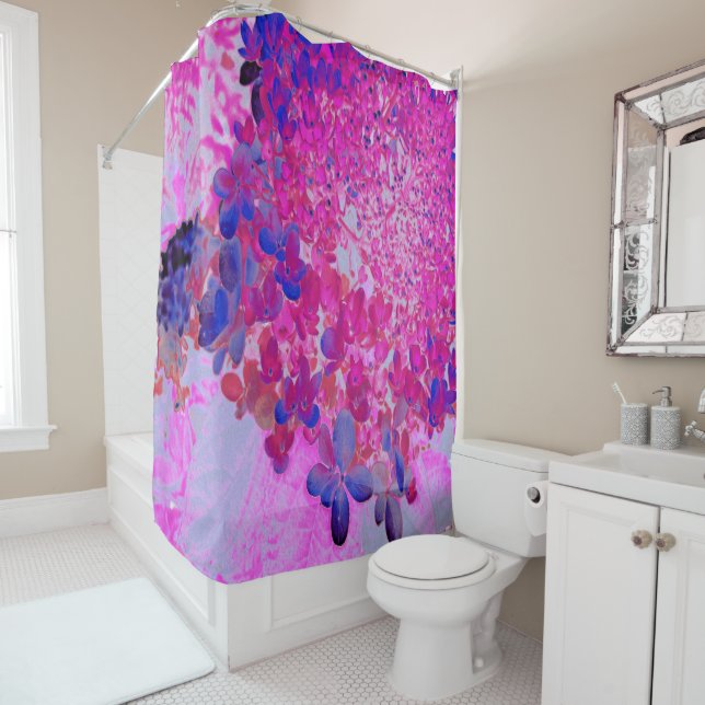 Elegant Fuchsia and Dark Blue Limelight Hydrangea Shower Curtain (In Situ)