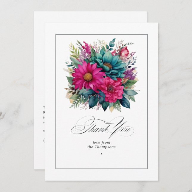 Elegant Fuchsia and Emerald Green Wedding Thank You Card (Front/Back)