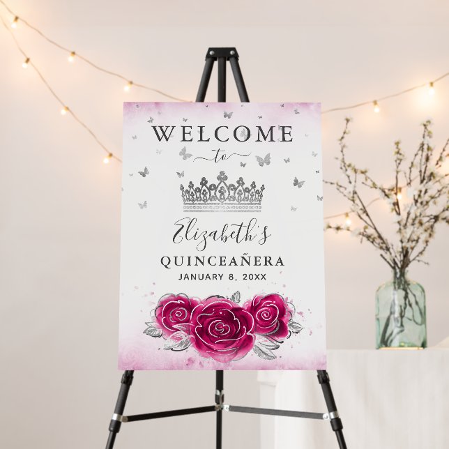 Elegant Fuchsia and Silver Elegant Welcome Party Foam Board (In Situ (Stand))