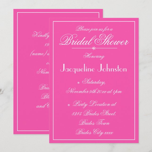 Elegant Fuchsia Custom Modern Chic Bridal Shower Invitation (Front/Back)