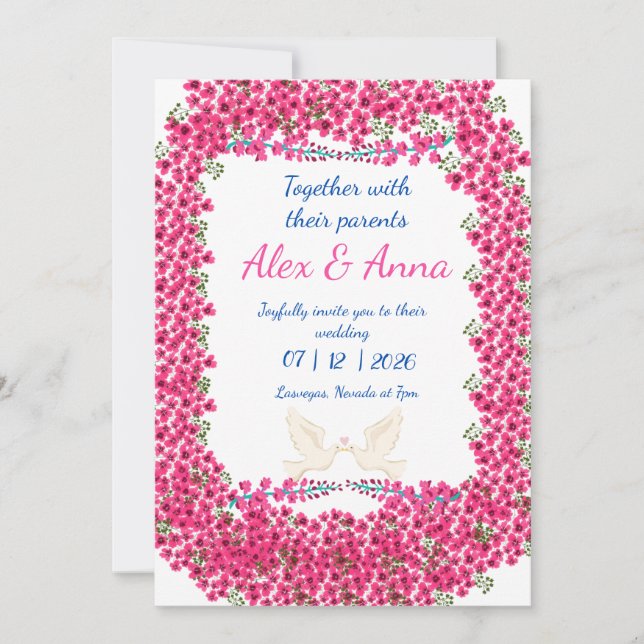 Elegant Fuchsia Floral Frame Wedding Invitation (Front)