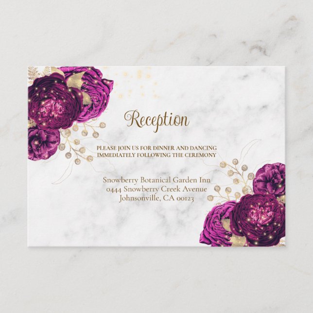 Elegant Fuchsia Floral Gold Wedding Enclosure Card (Front)