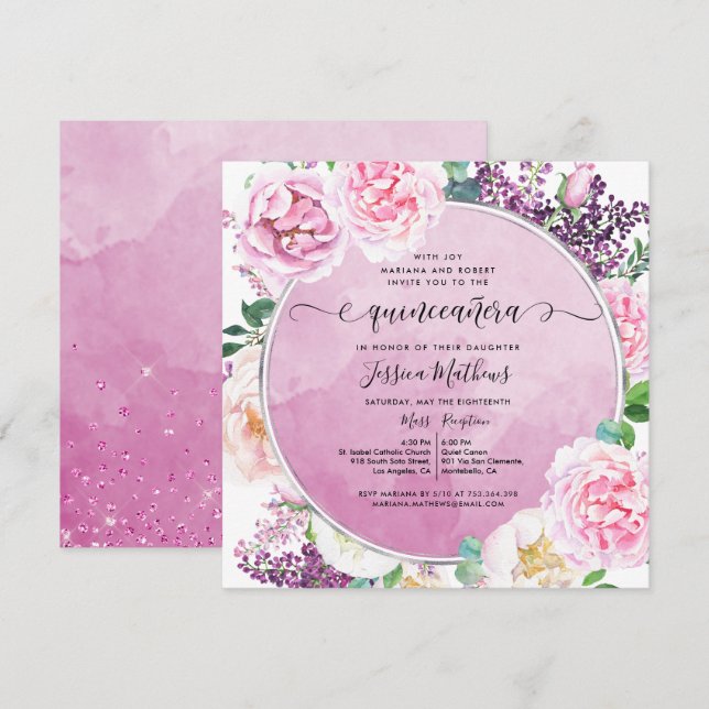 Elegant Fuchsia Floral, Watercolor Quinceañera Invitation (Front/Back)
