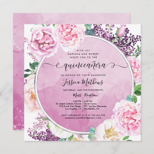 Elegant Fuchsia Floral Watercolor Quinceaera Invitation