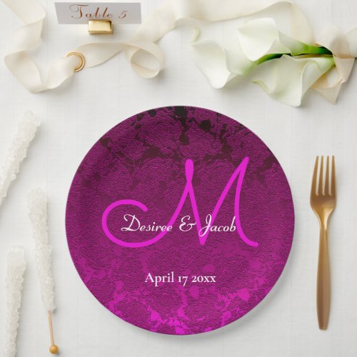 Elegant Fuchsia Hot Pink White Wedding Monogram Paper Plates