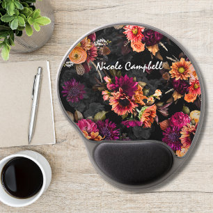 Elegant Fuchsia Orange Botanical Monogram Gel Mouse Pad