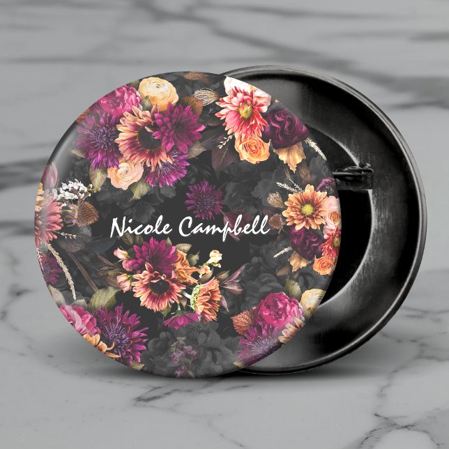 Elegant fuchsia orange floral monogram button (Creator Uploaded)