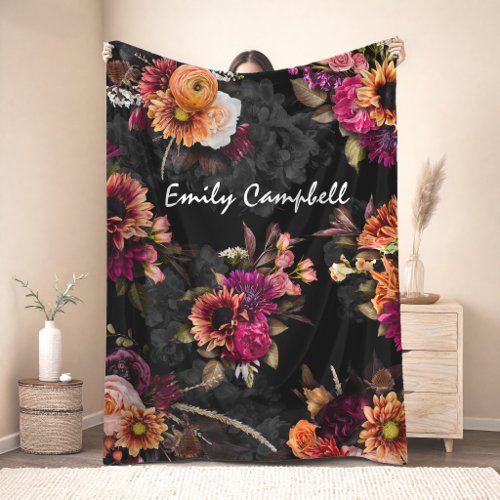 Elegant fuchsia orange floral monogram fleece blanket