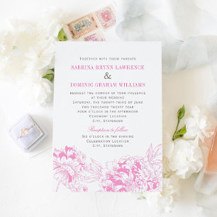 Elegant Fuchsia Pink and Gray Floral Peony Wedding Invitation