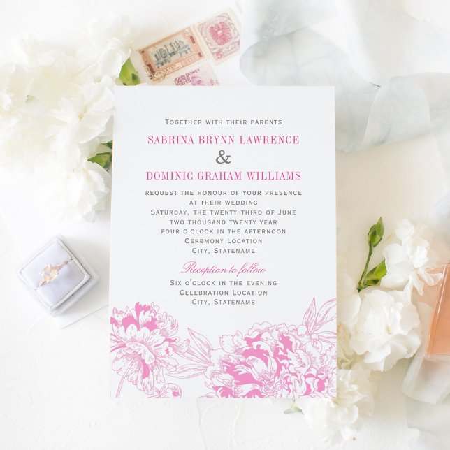 Elegant Fuchsia Pink and Gray Floral Peony Wedding Invitation (Creator Uploaded)