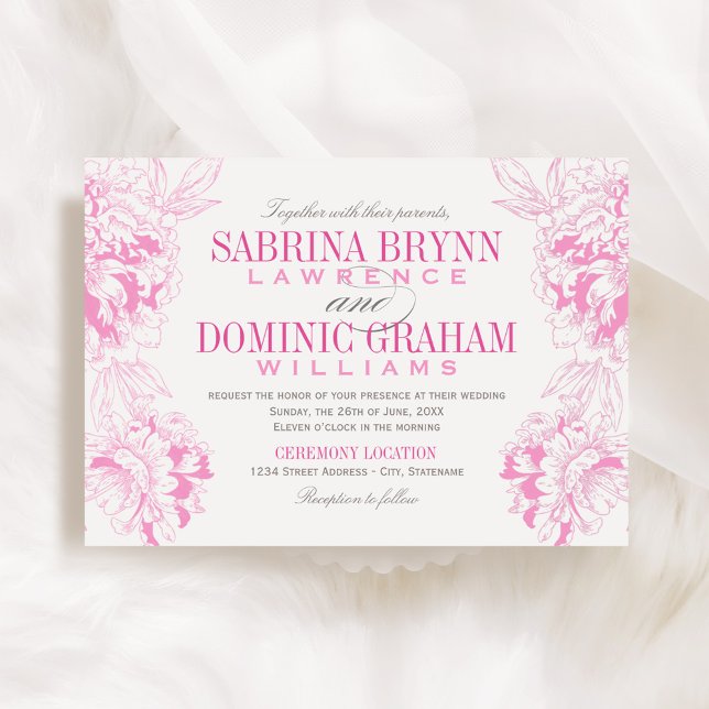 Elegant Fuchsia Pink and Gray Floral Peony Wedding Invitation (Creator Uploaded)