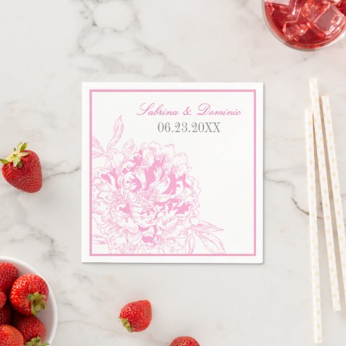 Elegant Fuchsia Pink and Gray Floral Peony Wedding Paper Napkins