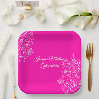 Elegant Fuchsia Pink and White Floral Paper Plates