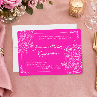 Elegant Fuchsia Pink and White Floral Quinceañera Invitation
