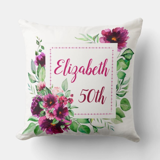 Elegant Fuchsia Pink Floral 50th Birthday  Throw Pillow (Front)