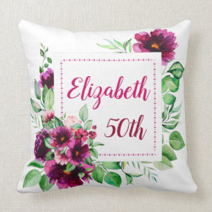 Elegant Fuchsia Pink Floral 50th Birthday Throw Pillow
