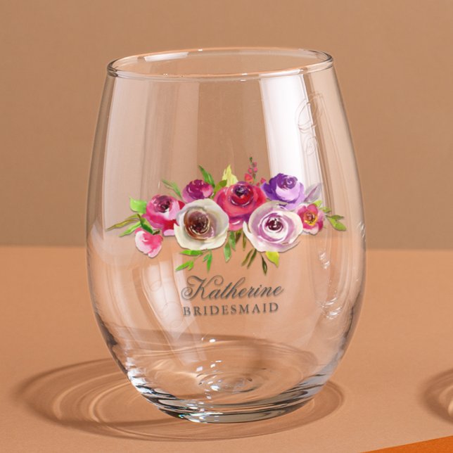 Elegant Fuchsia Pink Floral Bridesmaid Wedding Stemless Wine Glass (Creator Uploaded)