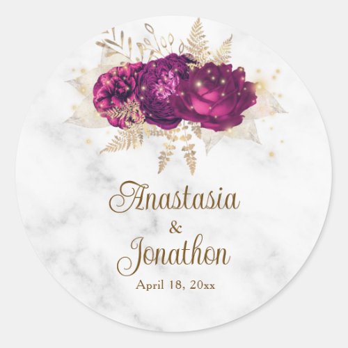 Elegant Fuchsia Pink Floral Gold Framed Wedding Classic Round Sticker