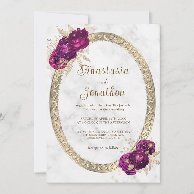 Elegant Fuchsia Pink Floral Gold Framed Wedding Invitation (Front)