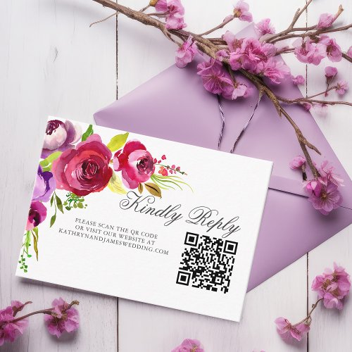 Elegant Fuchsia Pink Floral QR Code Wedding RSVP Enclosure Card