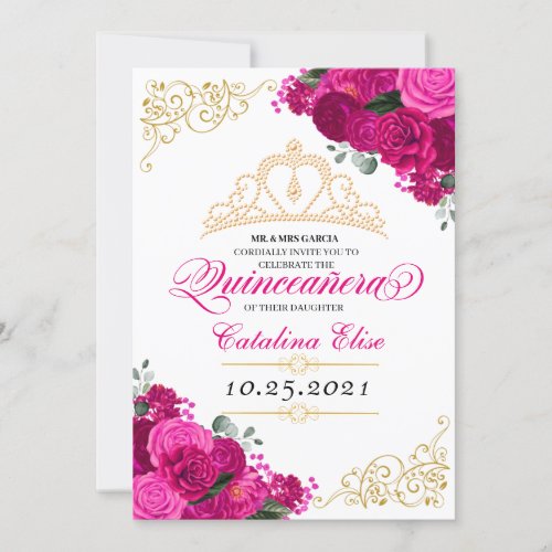 Elegant Fuchsia Pink Floral Quinceanera Birthday Invitation