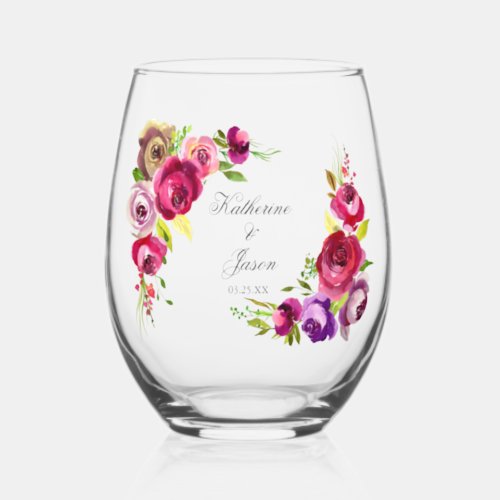 Elegant Fuchsia Pink Floral Wedding Keepsake Stemless Wine Glass