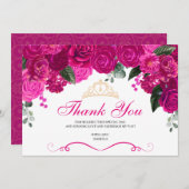 Elegant Fuchsia Pink Gold Floral Quinceanera  Than Thank You Card (Front/Back)