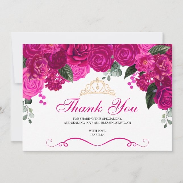 Elegant Fuchsia Pink Gold Floral Quinceanera  Than Thank You Card (Front)