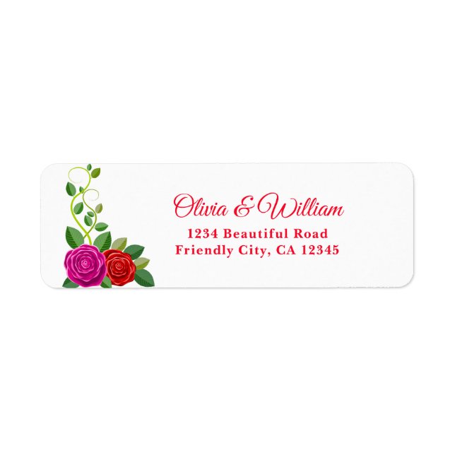Elegant Fuchsia Pink & Red Rose Flower Label (Front)