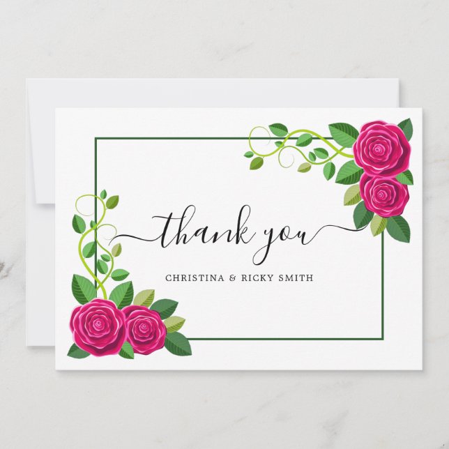 Elegant Fuchsia Pink Rose Bouquet Flowers Wedding Thank You Card (Front)