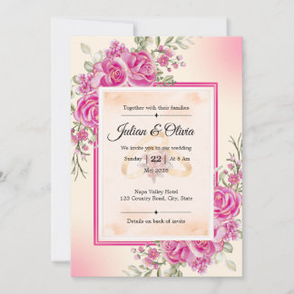 Elegant Fuchsia Pink Rose Floral Wedding  Invitation