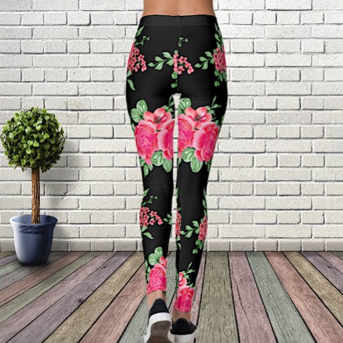 Elegant Fuchsia Pink Rose Flower Black Leggings