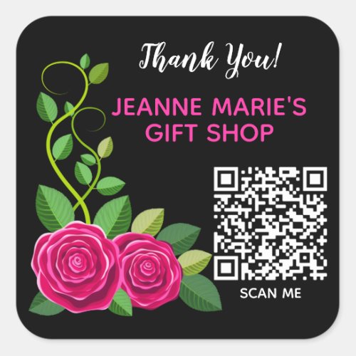 Elegant Fuchsia Pink Rose Flower Thank You QR Code Square Sticker