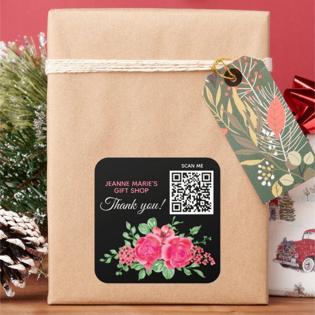 Elegant Fuchsia Pink Rose Flower Thank You QR Code Square Sticker (Holiday)