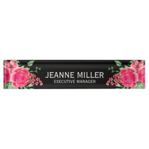 Elegant Fuchsia Pink Rose Flowers Manager Black Desk Name Plate