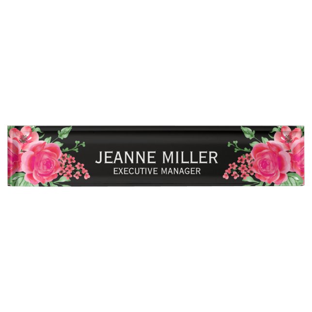 Elegant Fuchsia Pink Rose Flowers Manager Black Desk Name Plate (Front)