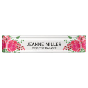 Elegant Fuchsia Pink Rose Flowers Manager White Desk Name Plate