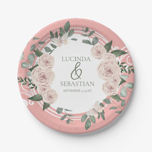 Elegant Fuchsia Pink Roses Romantic Garden Wedding Paper Plates